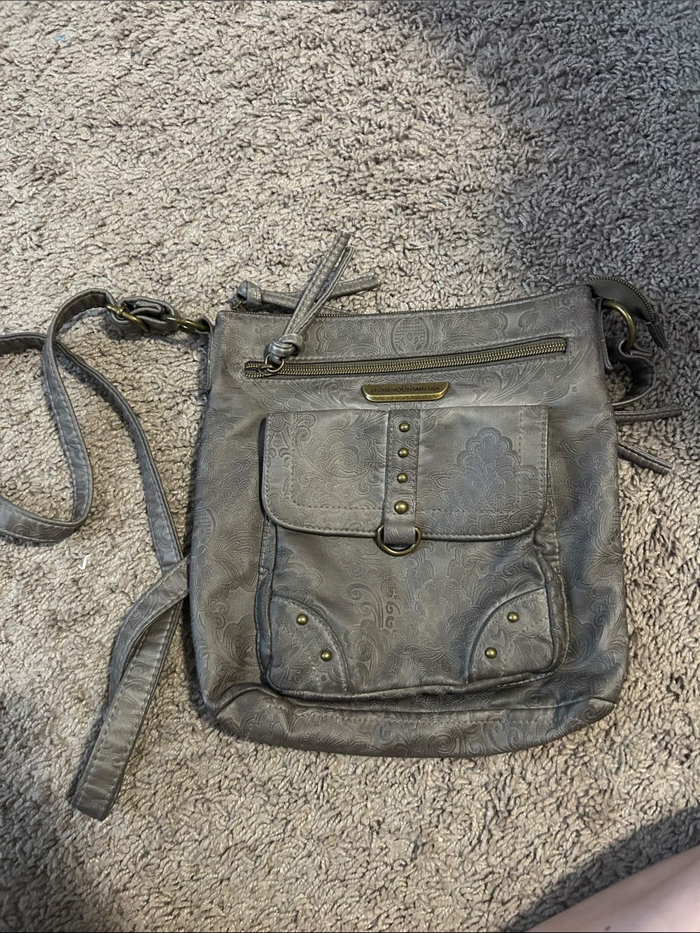 Stone Mountain Accessories Gray Paisley Crossbody Bag with Brass Accents